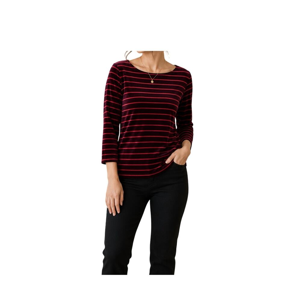 Lauren Ralph Lauren Top Womens Size MP Velvet Sheer Stripe Stretch 3/4 Sleeve